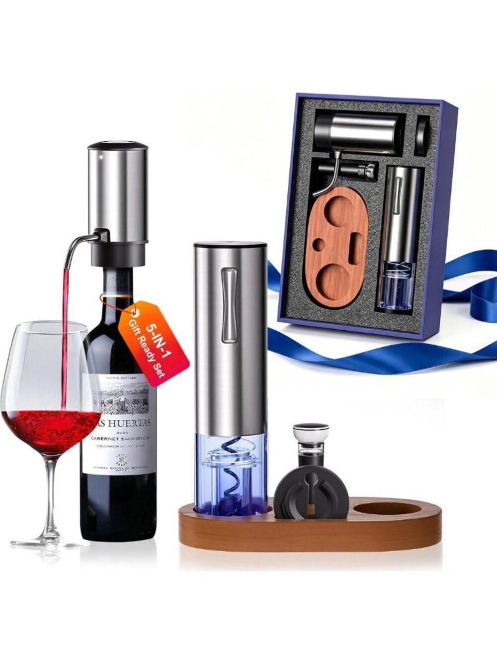 Rechargeable 5-In-1 Electric Wine Opener Set with Aerator, Stopper & Cutter